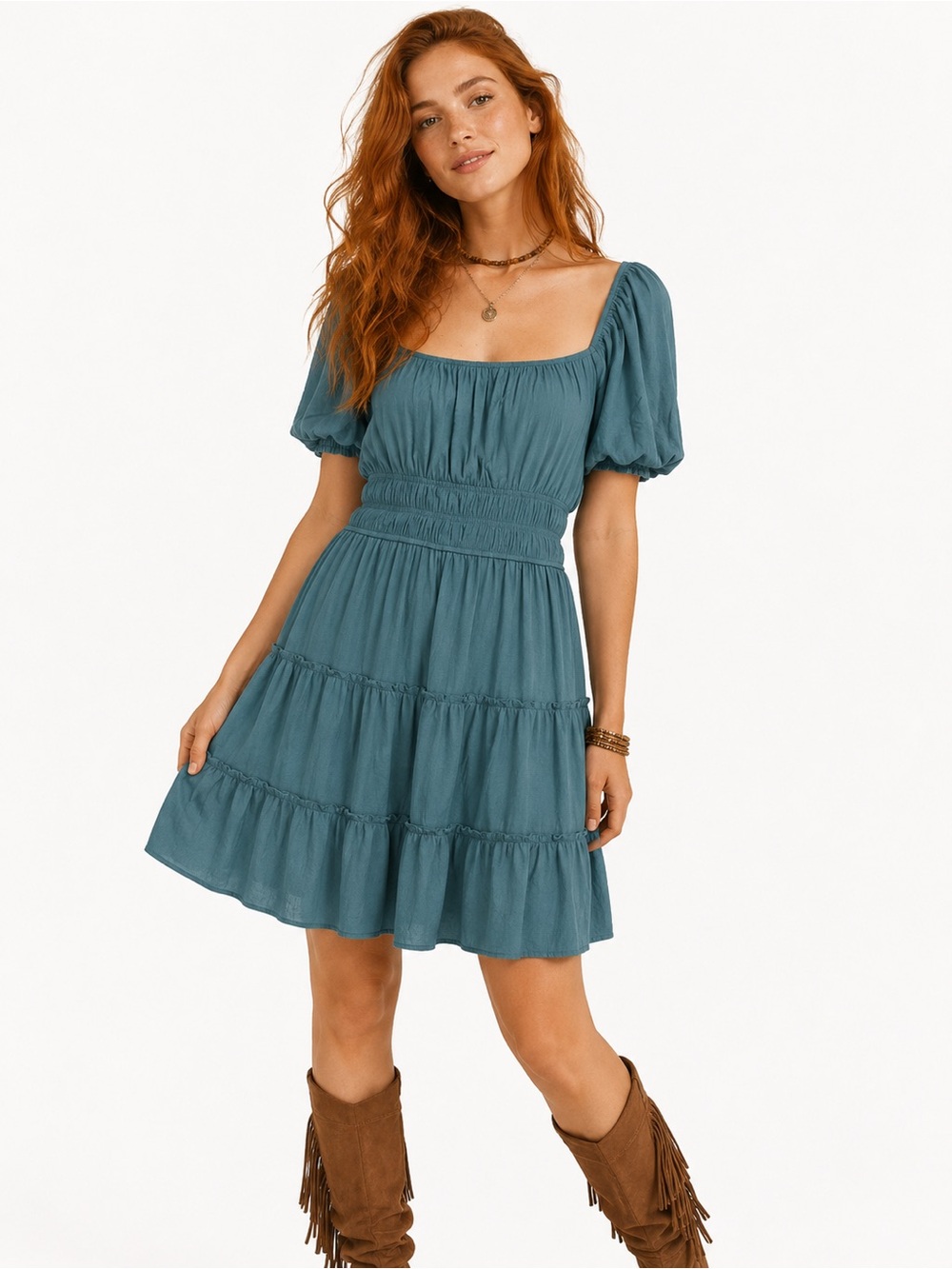 Trixxi Teal Puff Sleeve Boho Cottagecore Fairycore Smocked Tiered Mini Dress
